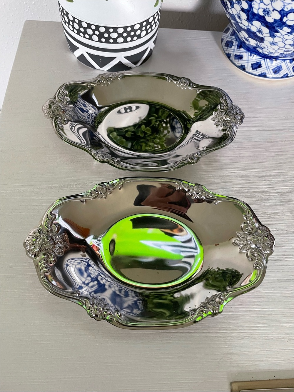 Vintage MSJ Japan Stainless Steel Relish Tray Floral Trinket Dish set of 2